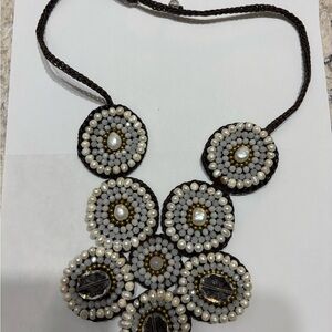 Brown and White Beaded Bib Statement Art Deco Necklace with Medallions